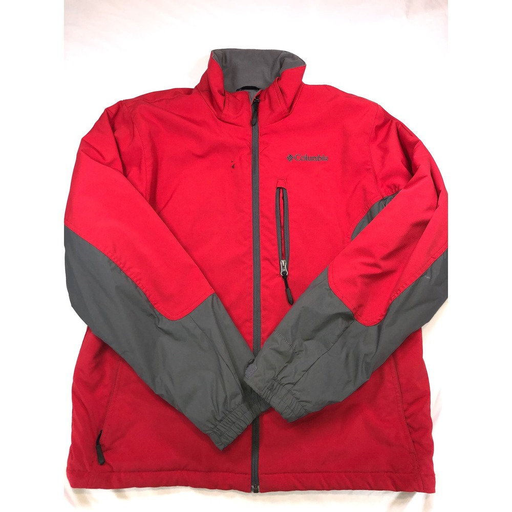 Columbia Mens Red Gray Softshell Full Zip Jacket Vertical Chest Pocket Size M